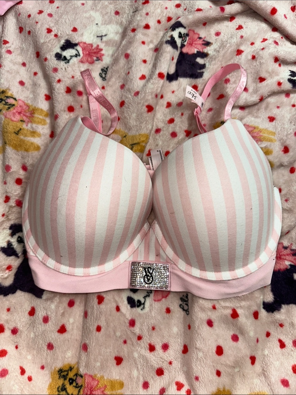 Victoria's Secret Pink & White Striped Padded Bra with Rhinestone Logo